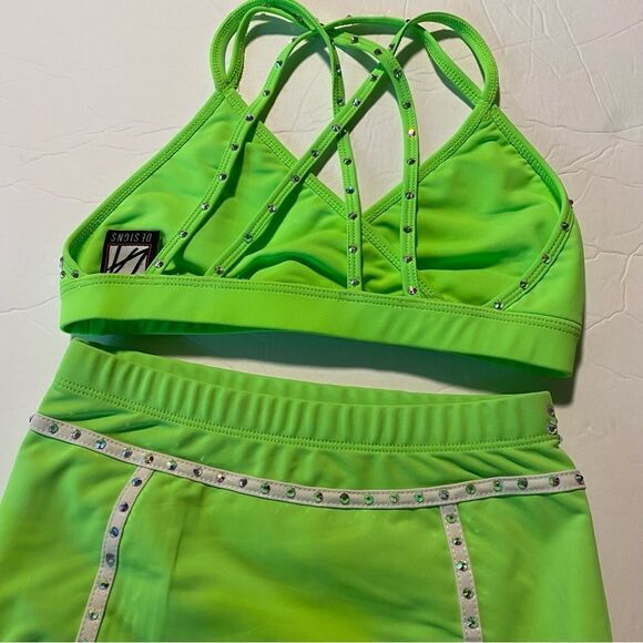 LA dance solo custom neon green 2 piece convention rhinestoned costume Jr teen - Picture 6 of 13